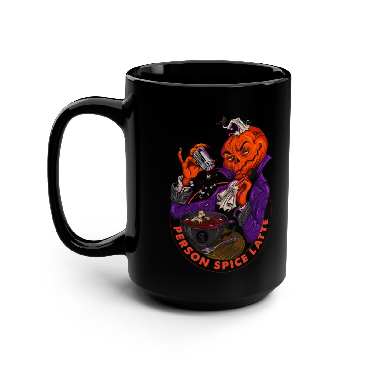 Halloween Pumpkin Spice Latte Mug — "Serving Fall, Literally" 15oz Black Ceramic