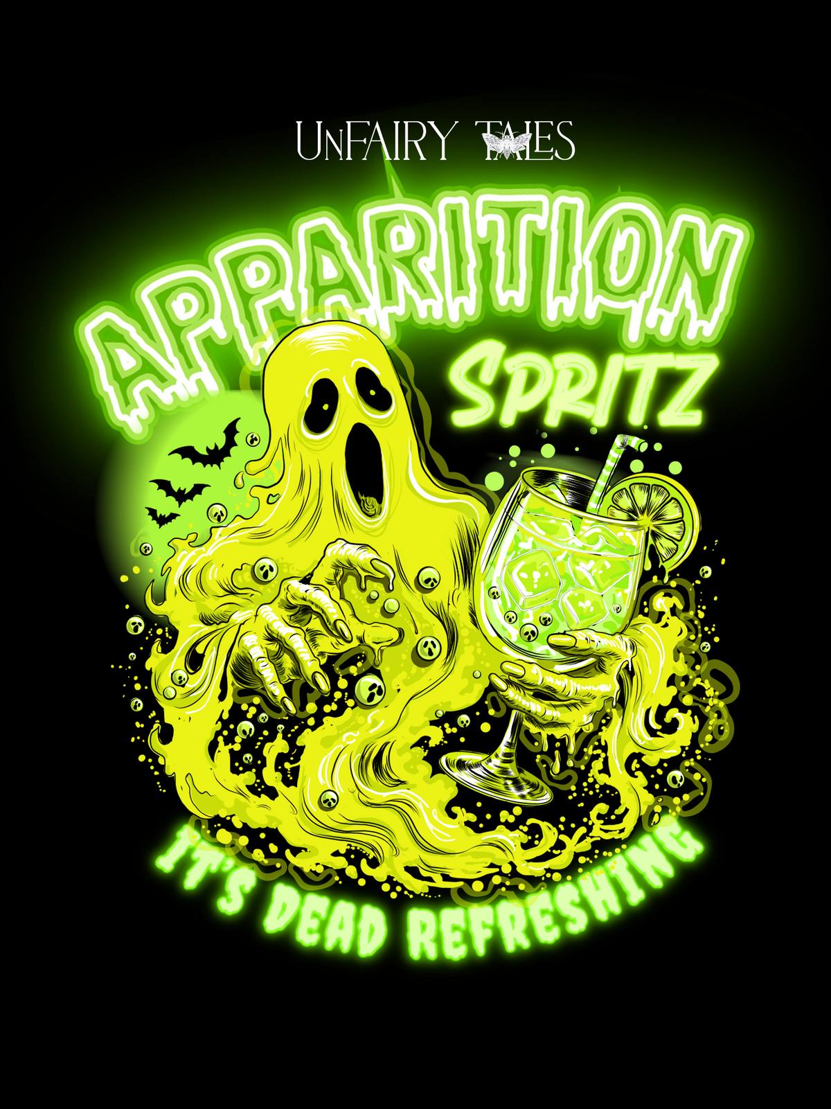 Apparition Spritz Tee — Funny Neon Ghost Halloween T-Shirt ('It's Dead Refreshing')
