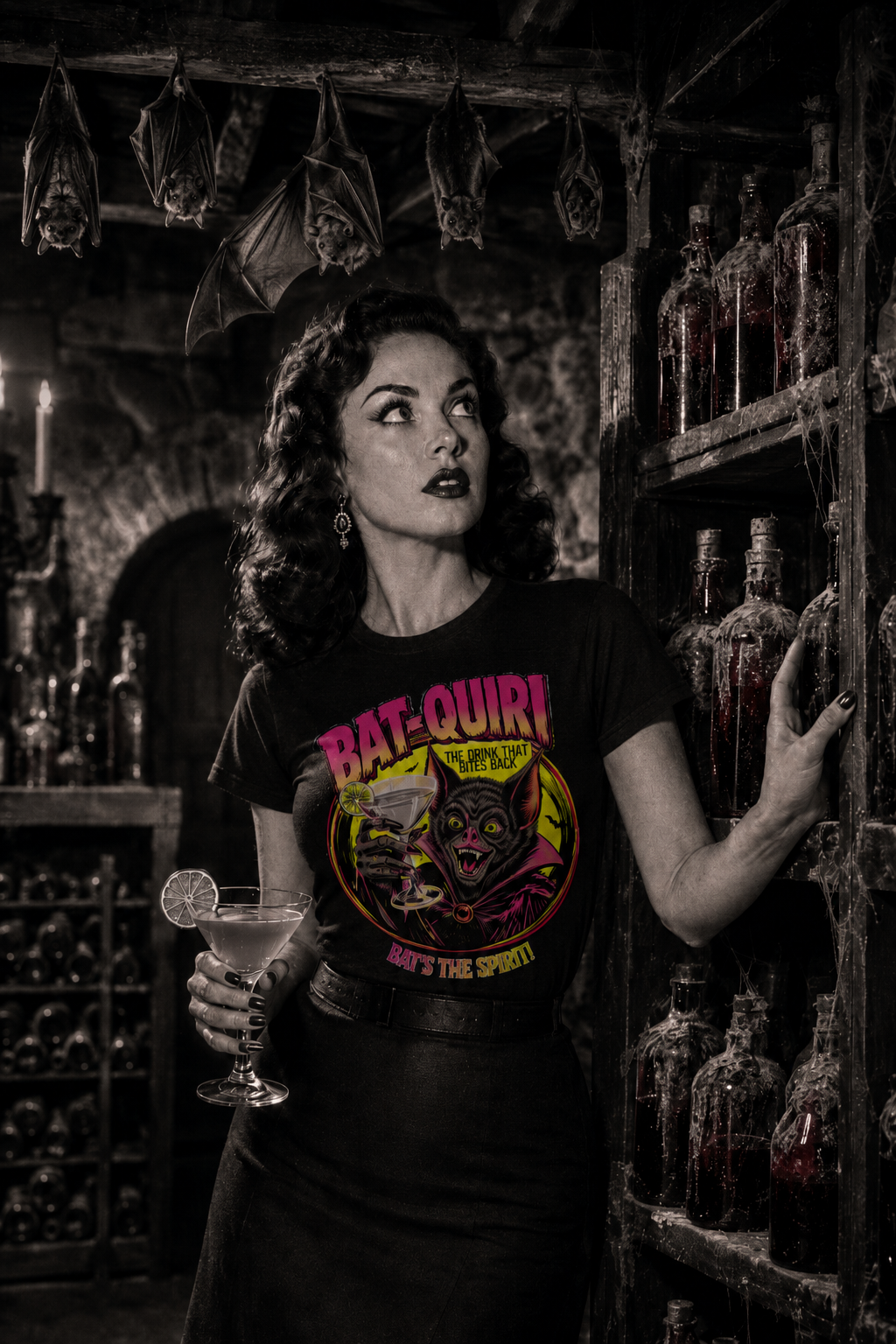 Bat-Quiri Vintage Horror Cocktail T-Shirt