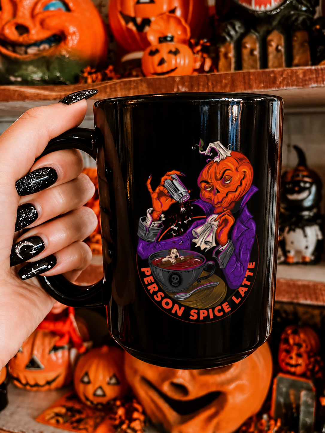 Halloween Pumpkin Spice Latte Mug — "Serving Fall, Literally" 15oz Black Ceramic