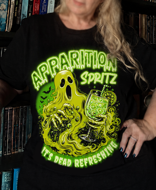 Apparition Spritz Tee — Funny Neon Ghost Halloween T-Shirt ('It's Dead Refreshing')