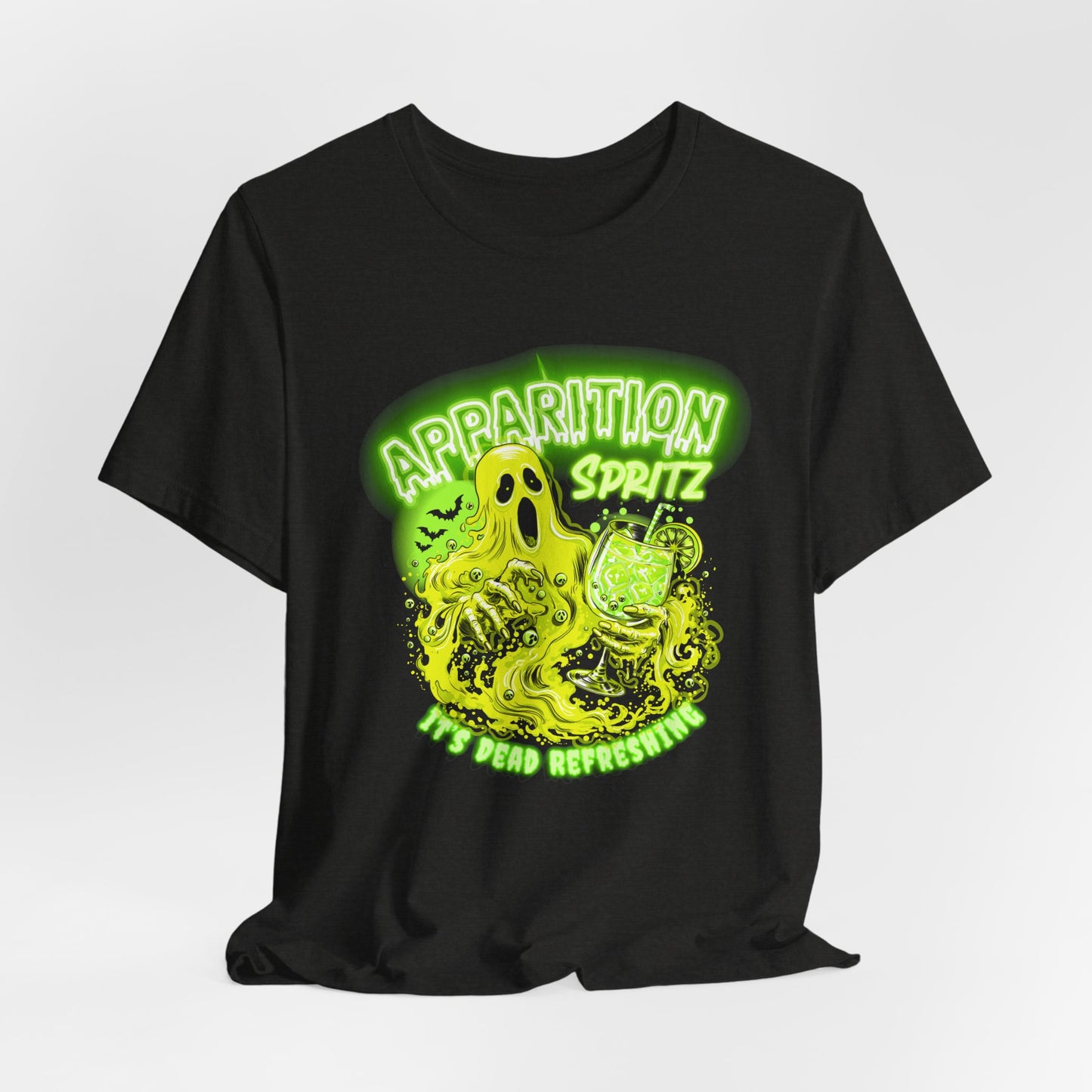 Apparition Spritz Tee — Funny Neon Ghost Halloween T-Shirt ('It's Dead Refreshing')