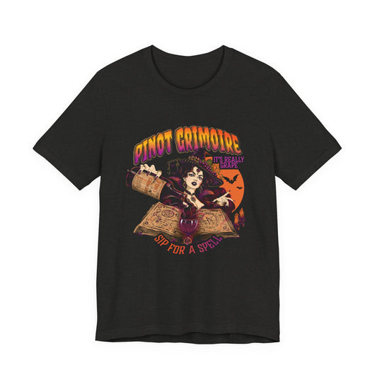 Pinot Grimoire Tee — Witchy Wine Halloween Graphic Shirt