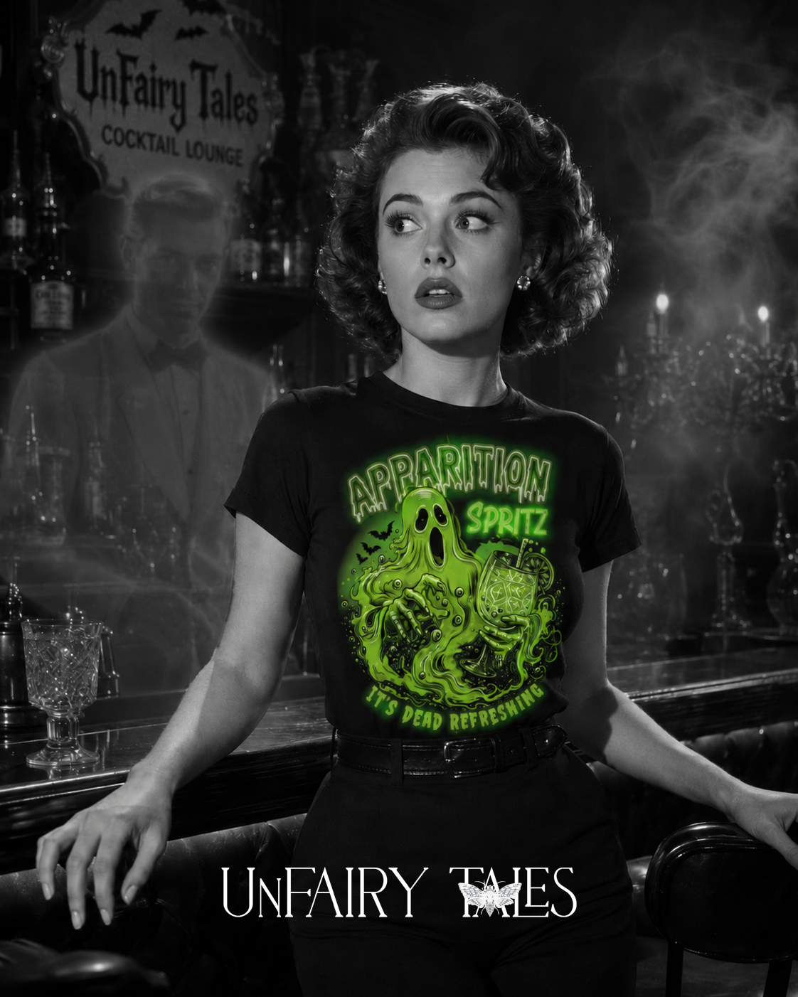 Apparition Spritz Tee — Funny Neon Ghost Halloween T-Shirt ('It's Dead Refreshing')
