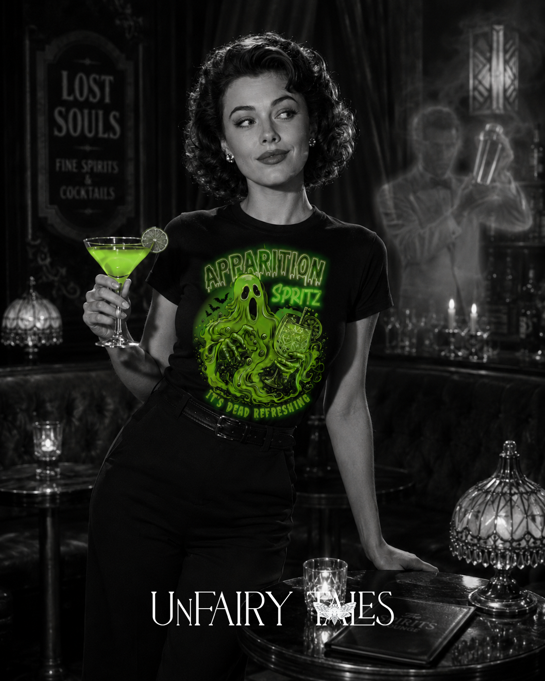 Apparition Spritz Tee — Funny Neon Ghost Halloween T-Shirt ('It's Dead Refreshing')