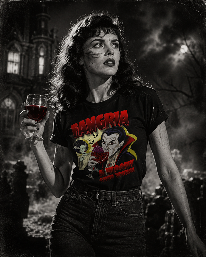 Premium black Fangria graphic T-shirt with original vampire and wine cocktail illustration.