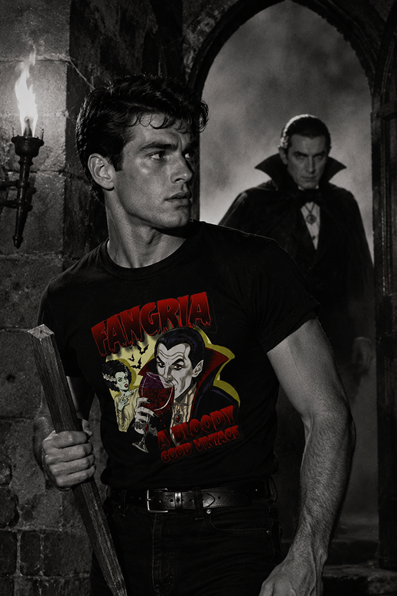 Fangria vintage horror movie tee inspired by classic Dracula films and cocktail culture.