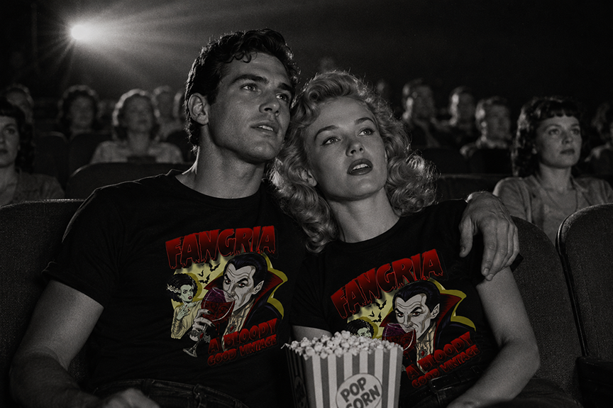 Fangria vintage horror movie tee inspired by classic Dracula films and cocktail culture.