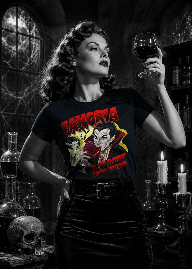 Woman wearing the Fangria vampire graphic T-shirt inspired by vintage horror movies and wine cocktails